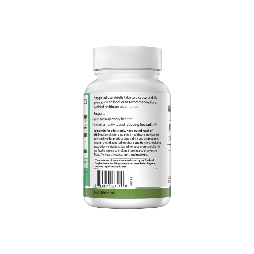 The backside of a bottle of NatureSpan® Lung Support Quercetin Complex dietary supplement with capsules inside, labeled for supporting lung health.