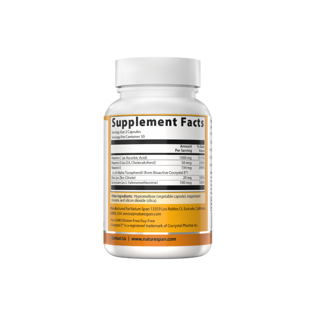 The supplement facts of NatureSpan® Immune Cell Defense 5 supplement with white and gold label, featuring a star symbol and text.