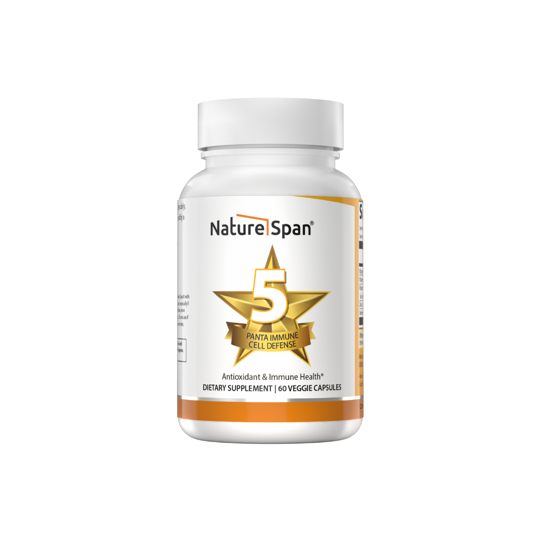 A bottle of NatureSpan® Immune Cell Defense 5 supplement with white and gold label, featuring a star symbol and text.
