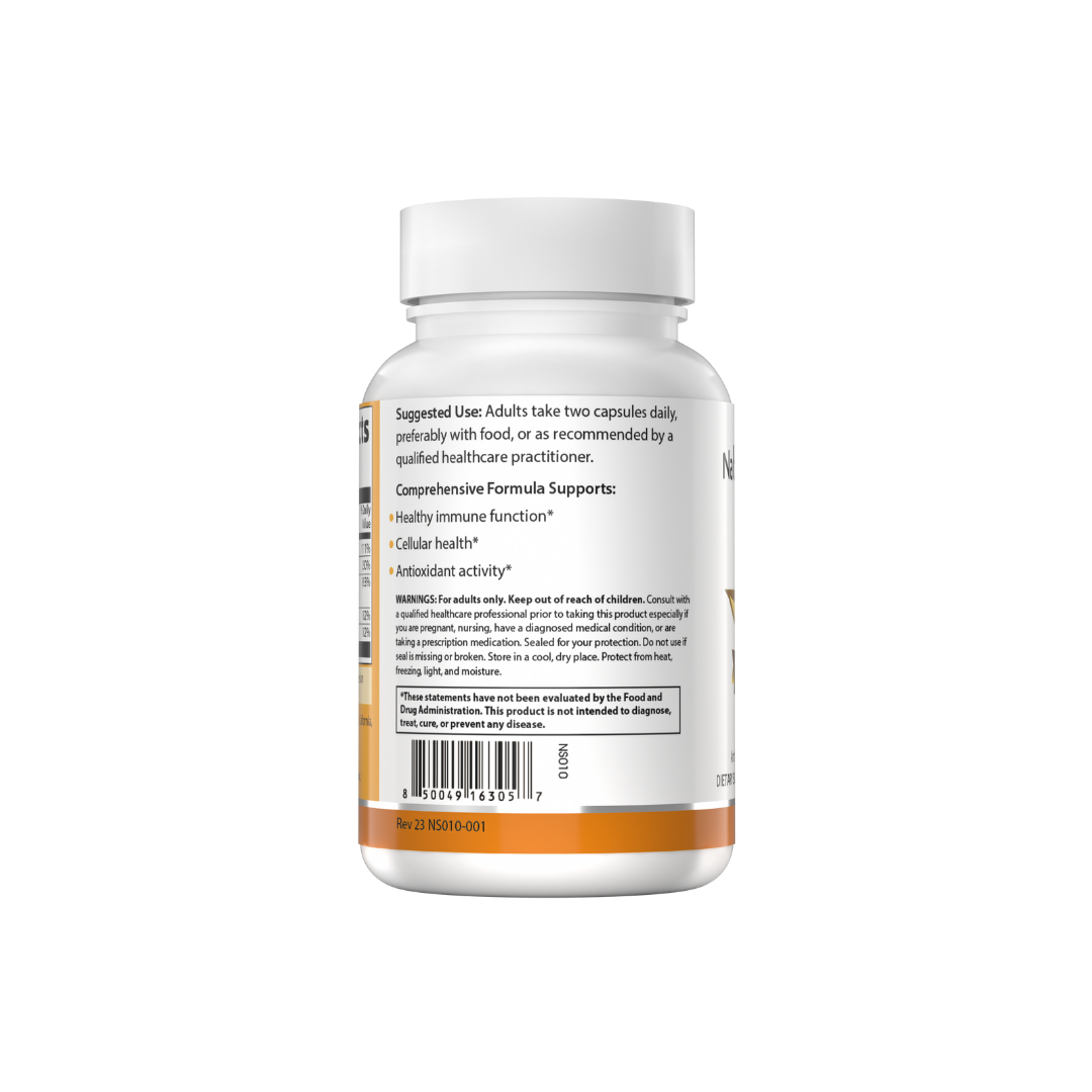 The backside of a bottle of NatureSpan® Immune Cell Defense 5 supplement with white and gold label, featuring a star symbol and text.