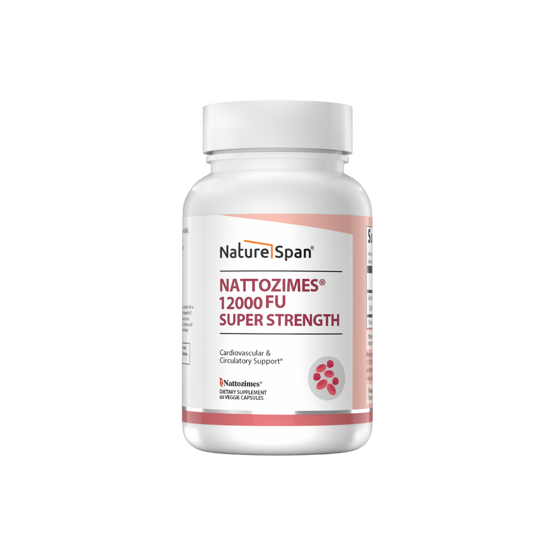 A bottle of NatureSpan® Nattozimes 12000 FU Super Strength, white and pink label with text and branding.