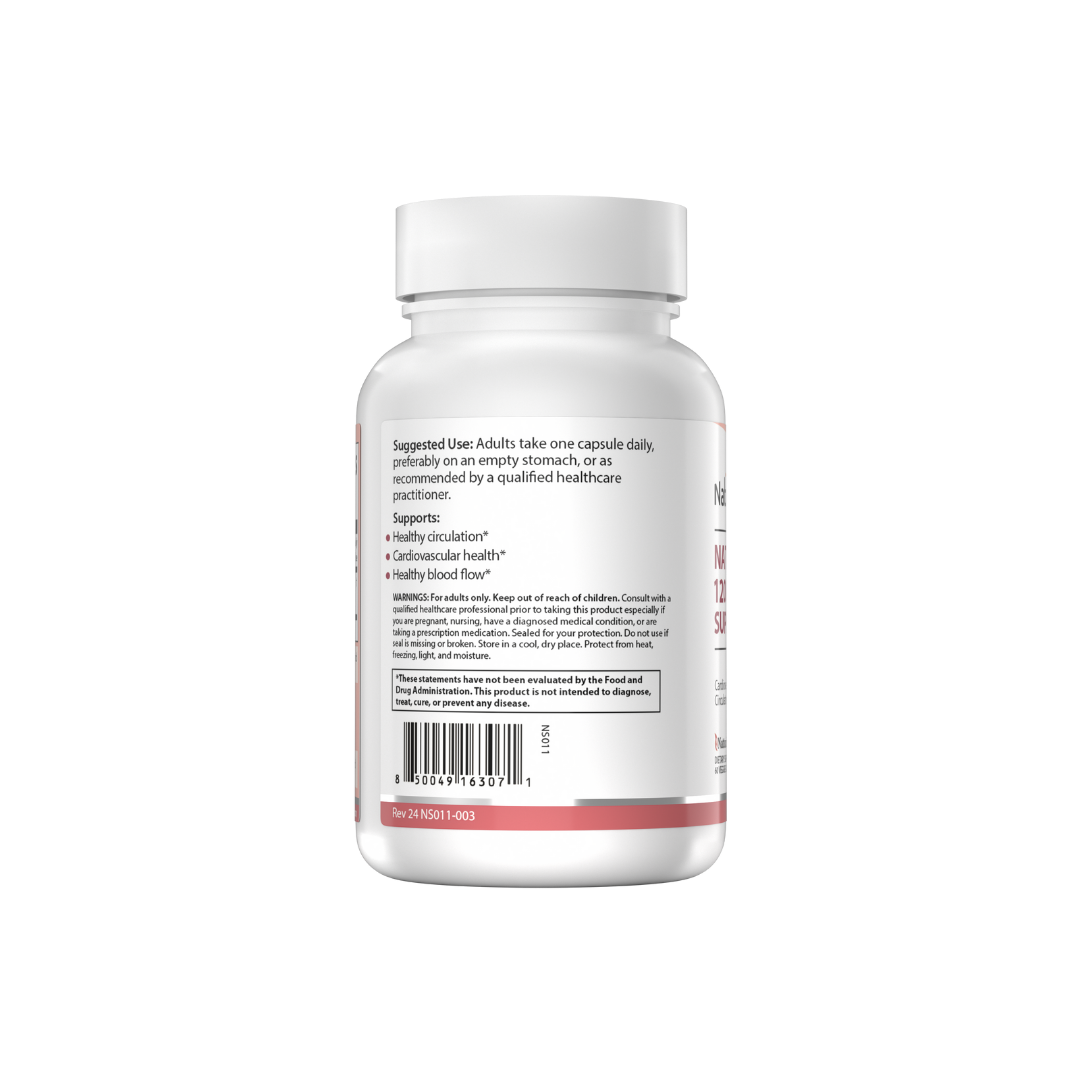 The backside of a bottle of NatureSpan® Nattozimes 12000 FU Super Strength, white and pink label with text and branding.
