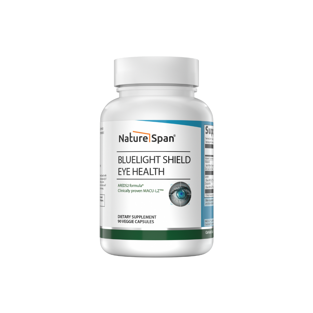 A bottle of NatureSpan® Blue Light Shield Eye Health supplement with white and green labeling.
