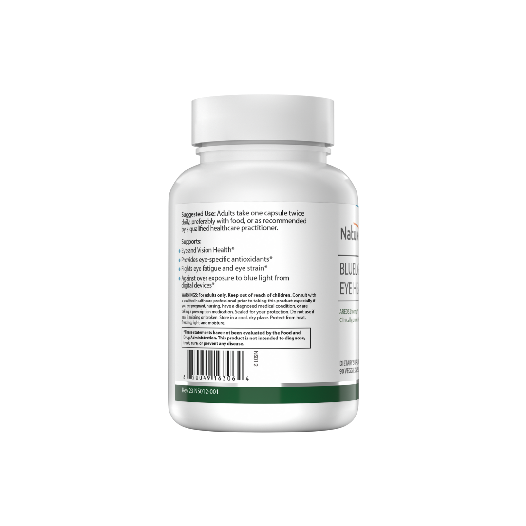 The backside of NatureSpan® Blue Light Shield Eye Health supplement with white and green labeling.
