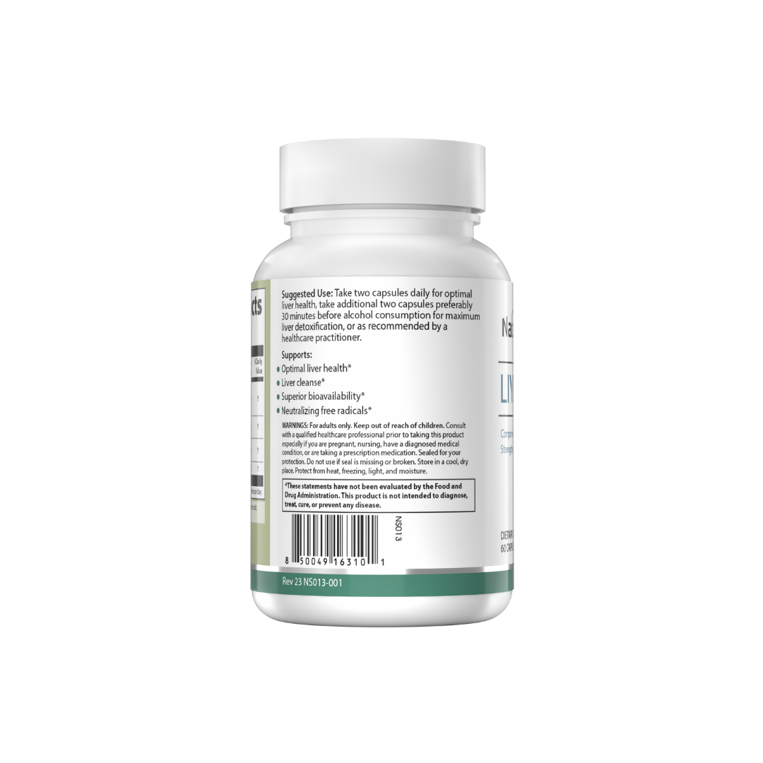 The backside of a bottle of NatureSpan® Liver Detox supplement with white and green labeling.