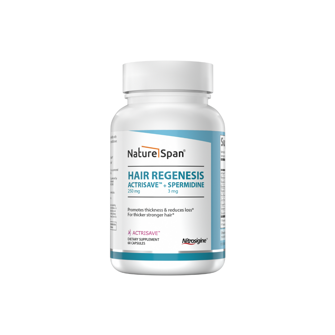 A bottle of NatureSpan® Hair Regenesis supplement, which contains ACTRISAVE and SPERMIDINE to support hair growth and health.