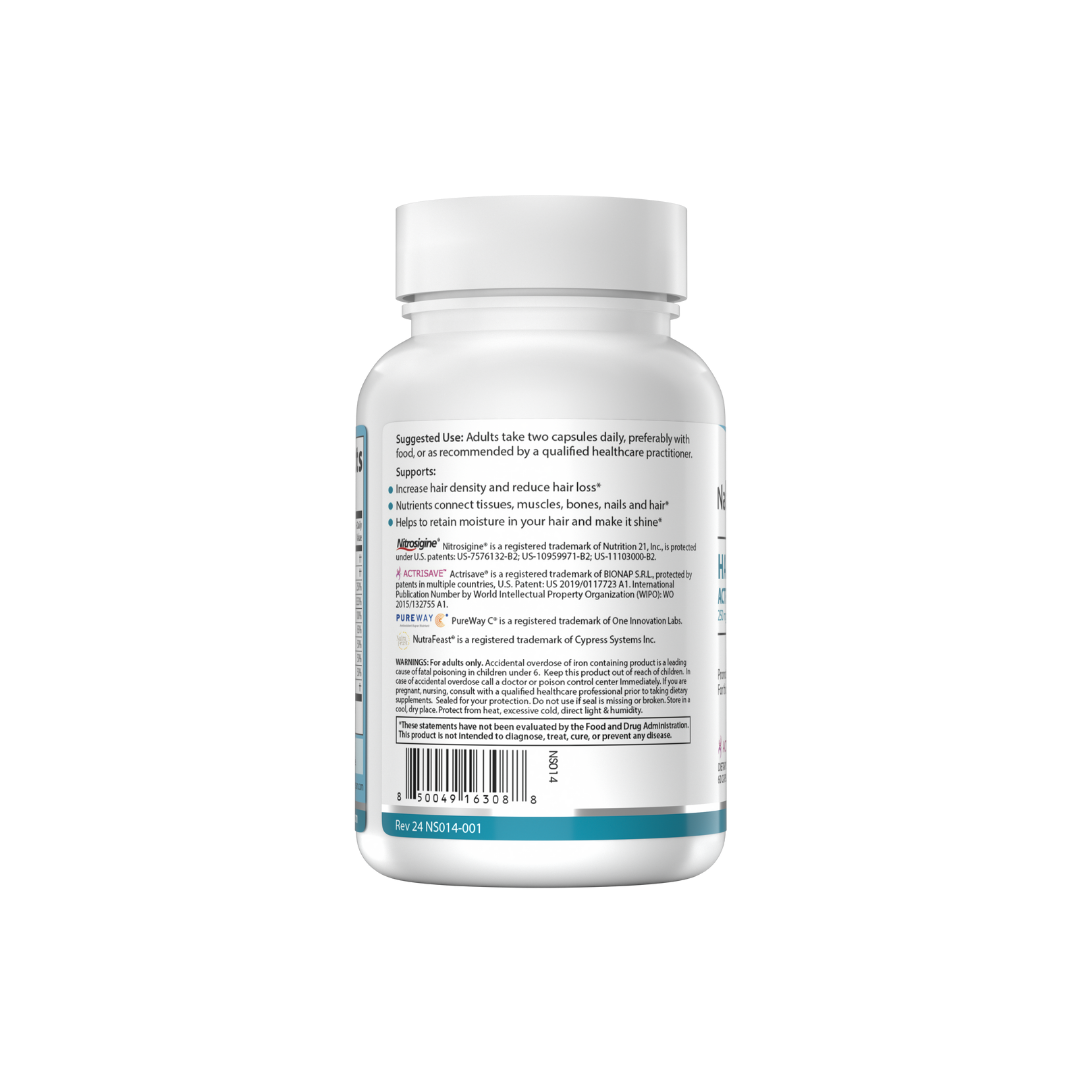 The backside of a bottle of NatureSpan® Hair Regenesis supplement, which contains ACTRISAVE and SPERMIDINE to support hair growth and health.