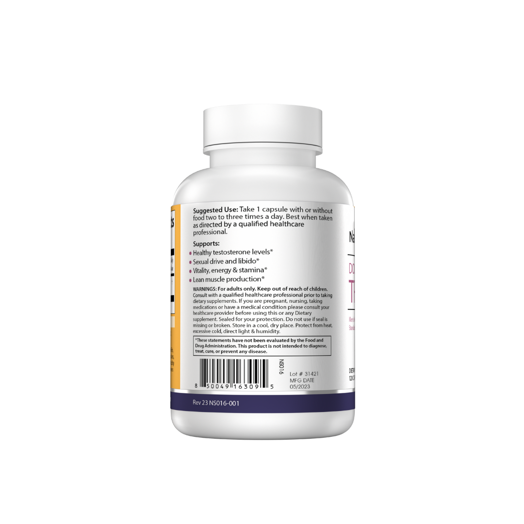 The backside of a bottle of NatureSpan® Double Strength Tribulus dietary supplement with white and purple label.