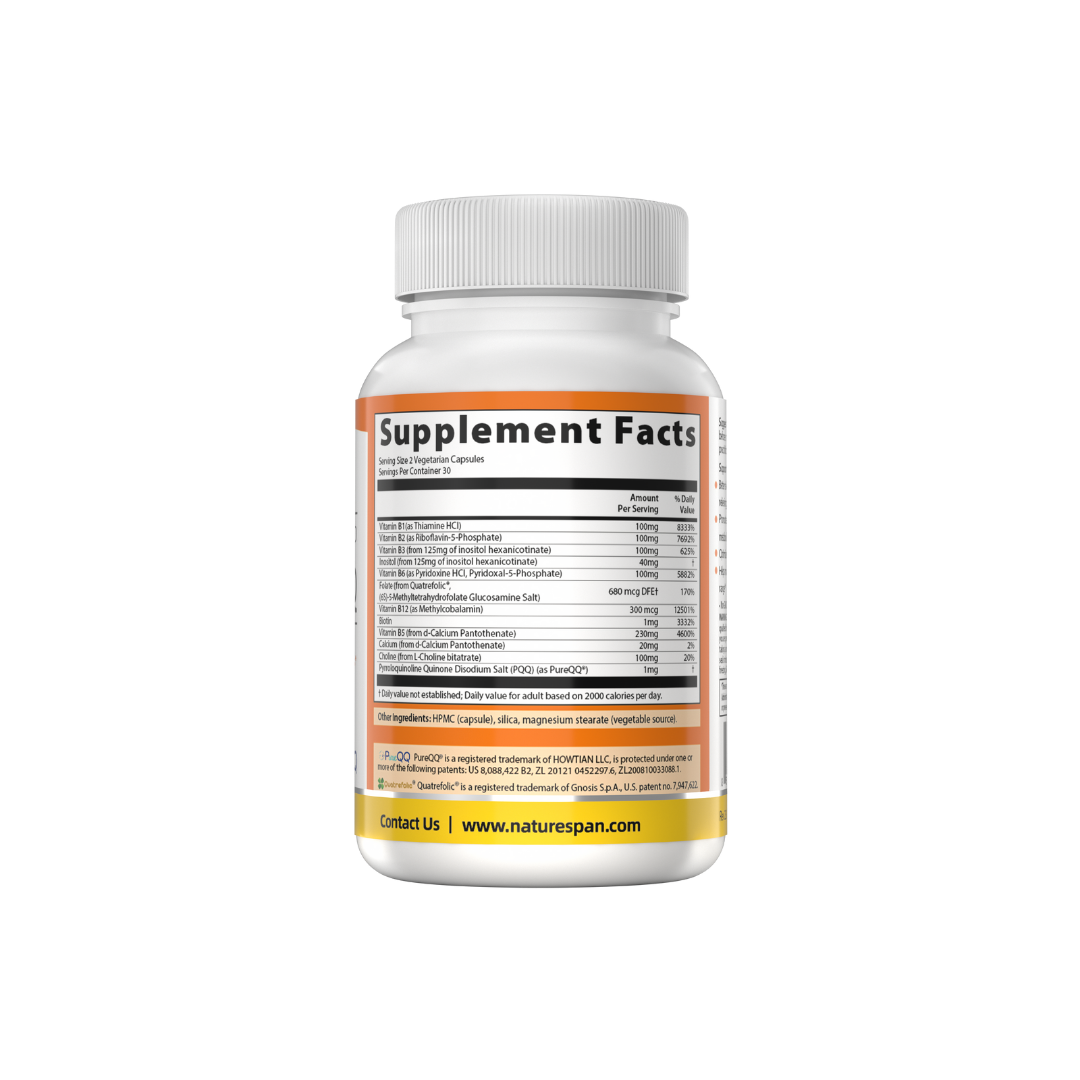 The supplement facts of NatureSpan® Bioactive B100 + Patented PQQ dietary supplement.