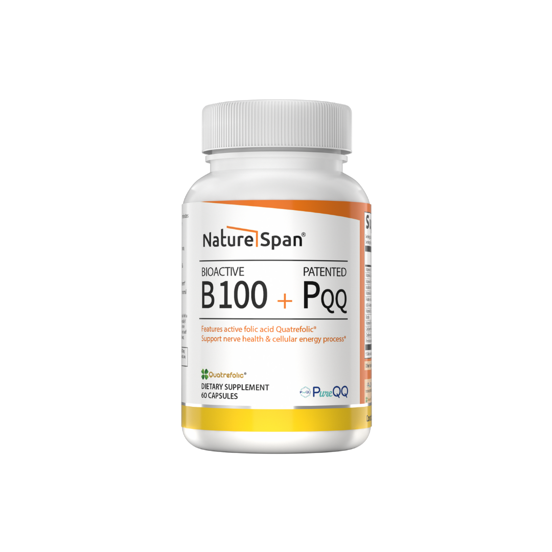 A bottle of NatureSpan® Bioactive B100 + Patented PQQ dietary supplement.