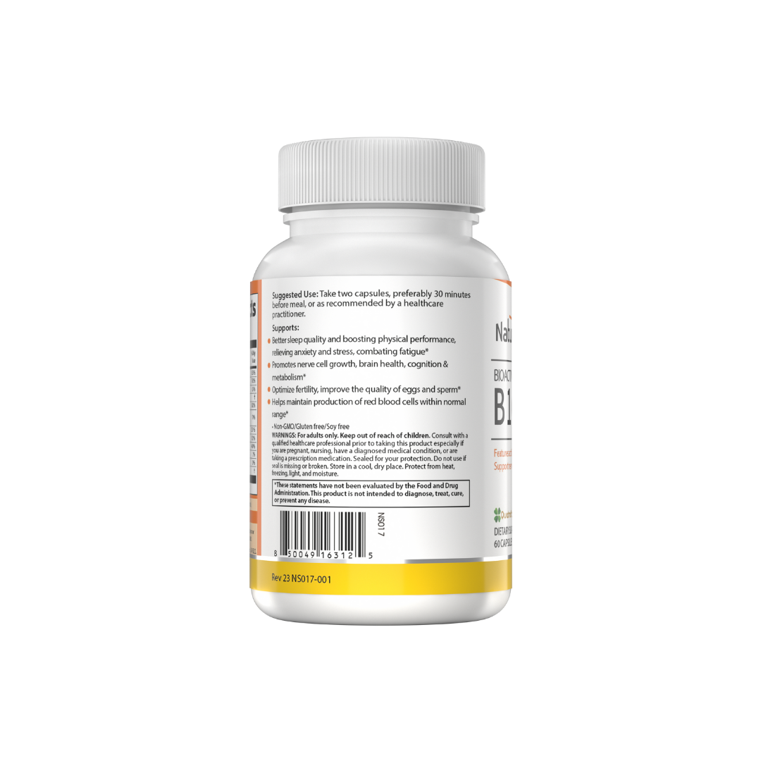 The backside of a bottle of NatureSpan® Bioactive B100 + Patented PQQ dietary supplement.