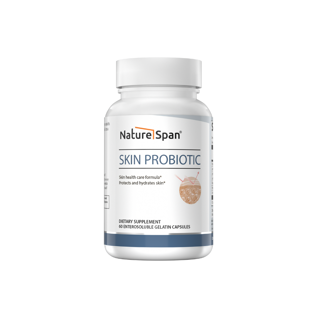A bottle of NatureSpan® Skin Probiotic supplement designed to support skin health.