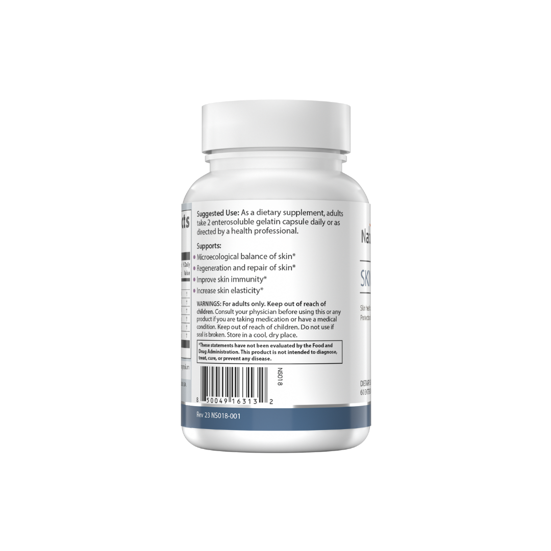 The backside of a bottle of NatureSpan® Skin Probiotic supplement designed to support skin health.