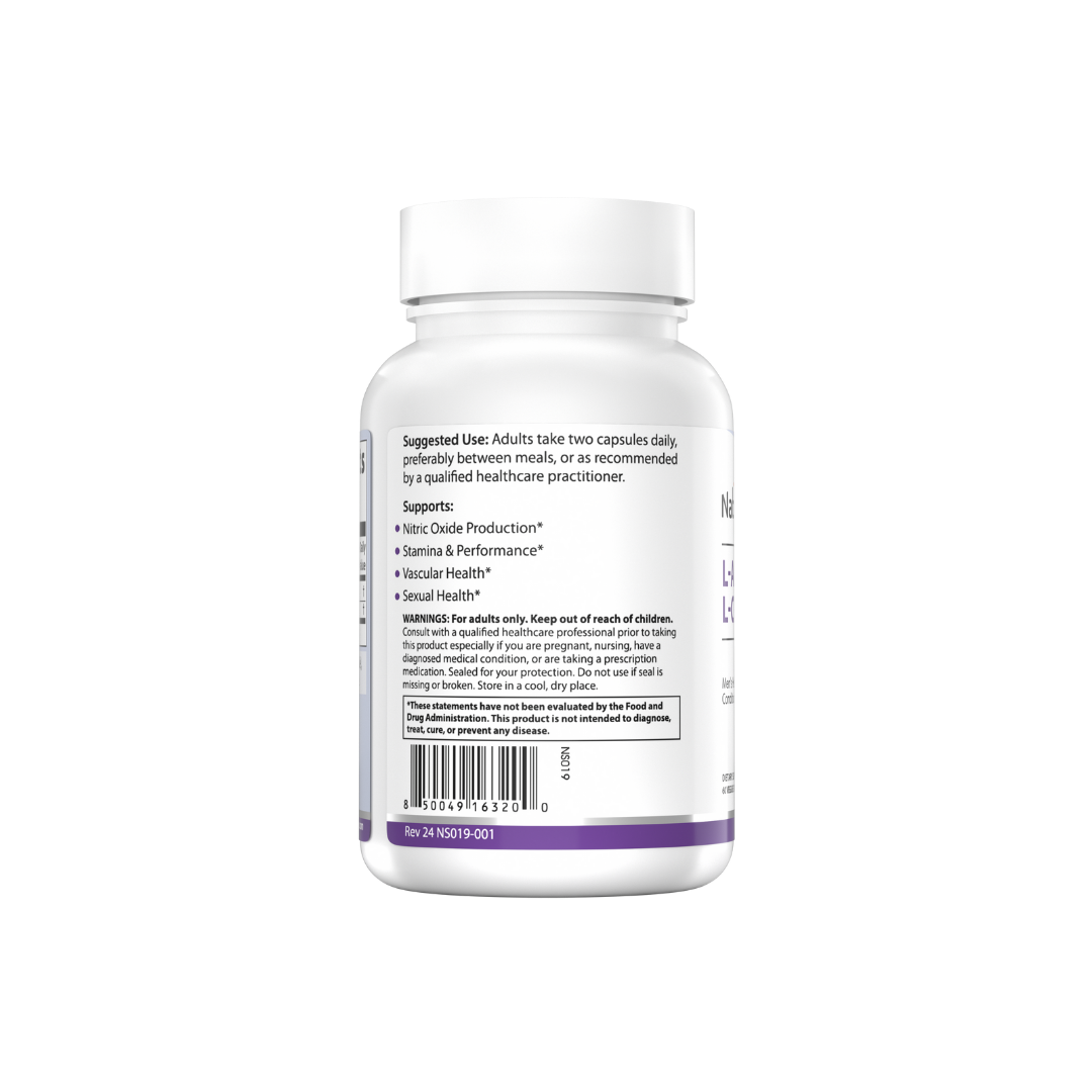 The backside of the bottle of NatureSpan® L-Arginine + L-Citrulline supplement capsules | NatureSpan®
