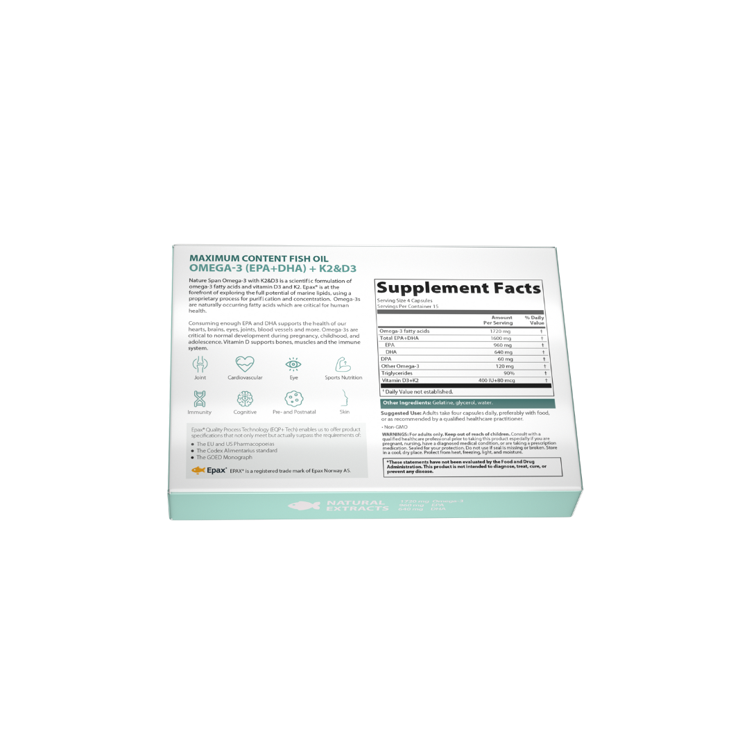 The backside of a box of NatureSpan® Omega-3 supplements with EPA, DHA, Vitamin K2, and D3, in softgel form.