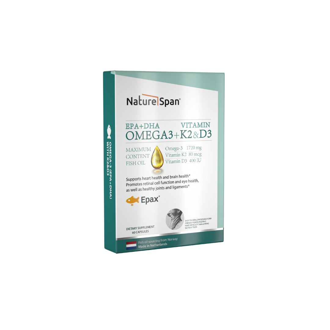 A box of NatureSpan® Omega-3 supplements with EPA, DHA, Vitamin K2, and D3, in softgel form.