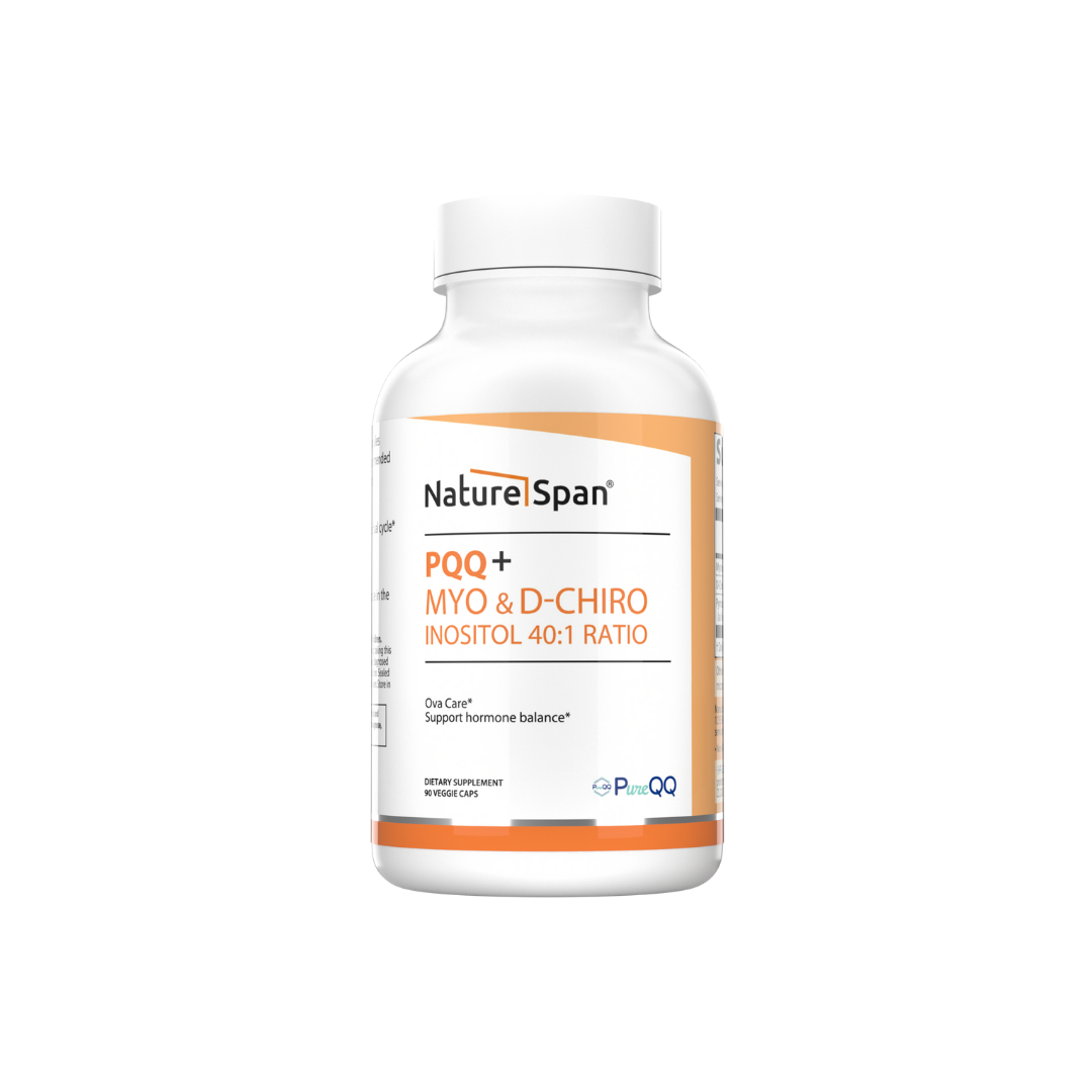 A bottle of NatureSpan® PQQ + Myo & D-Chiro Inositol 40:1 Ratio supplement, which is orange and white in color.