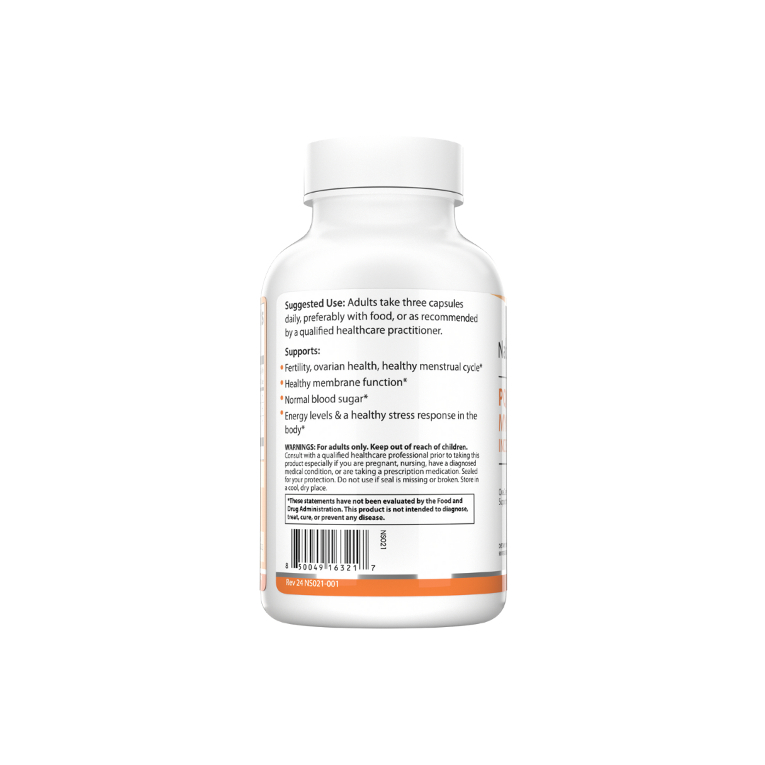The backside of a bottle of NatureSpan® PQQ + Myo & D-Chiro Inositol 40:1 Ratio supplement, which is orange and white in color.