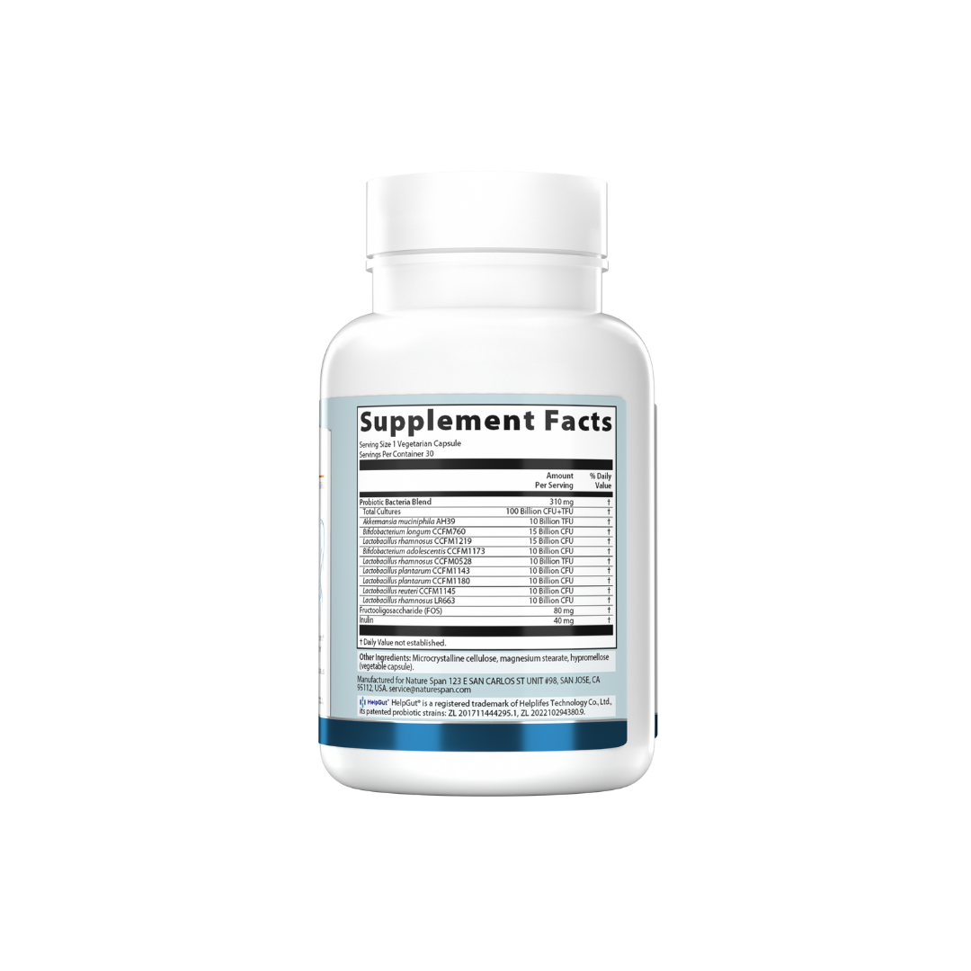 The supplement facts of NatureSpan® AKK Pro Formula 100 Billion, which is a dietary supplement formulated with probiotics for gut health and metabolic support.