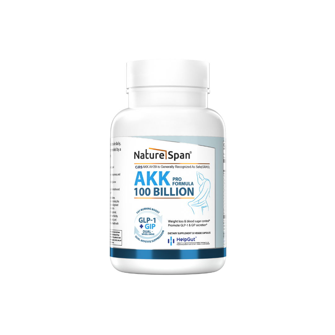 A bottle of NatureSpan® AKK Pro Formula 100 Billion, which is a dietary supplement formulated with probiotics for gut health and metabolic support.