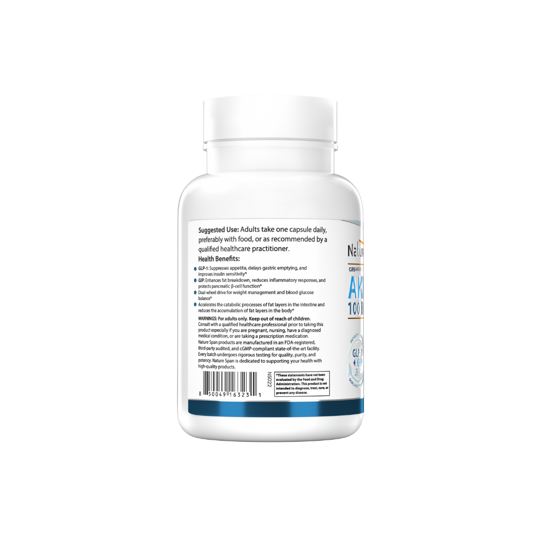 The backside of a bottle of NatureSpan® AKK Pro Formula 100 Billion, which is a dietary supplement formulated with probiotics for gut health and metabolic support.