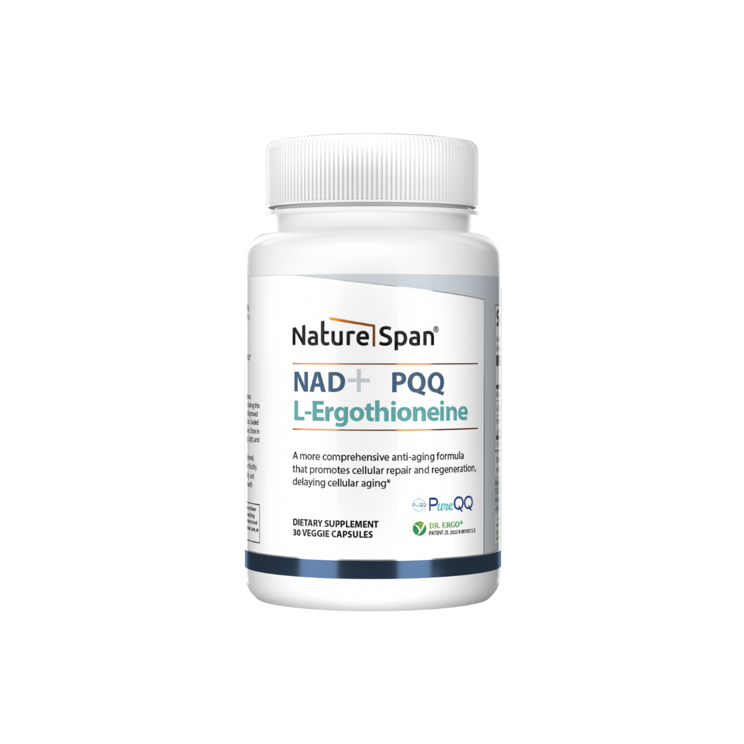 A bottle of NatureSpan® NAD+ PQQ L-Ergothioneine supplement with white and blue label.