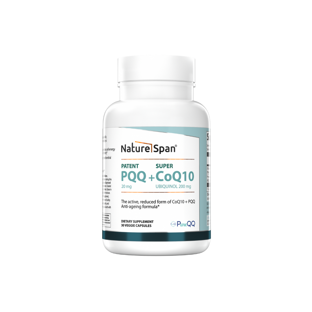 A bottle of NatureSpan® Patent PQQ 20 mg with Super CoQ10 Ubiquinol 200 mg supplement, labeled as supporting cellular energy, mitochondria health, and antioxidant protection.