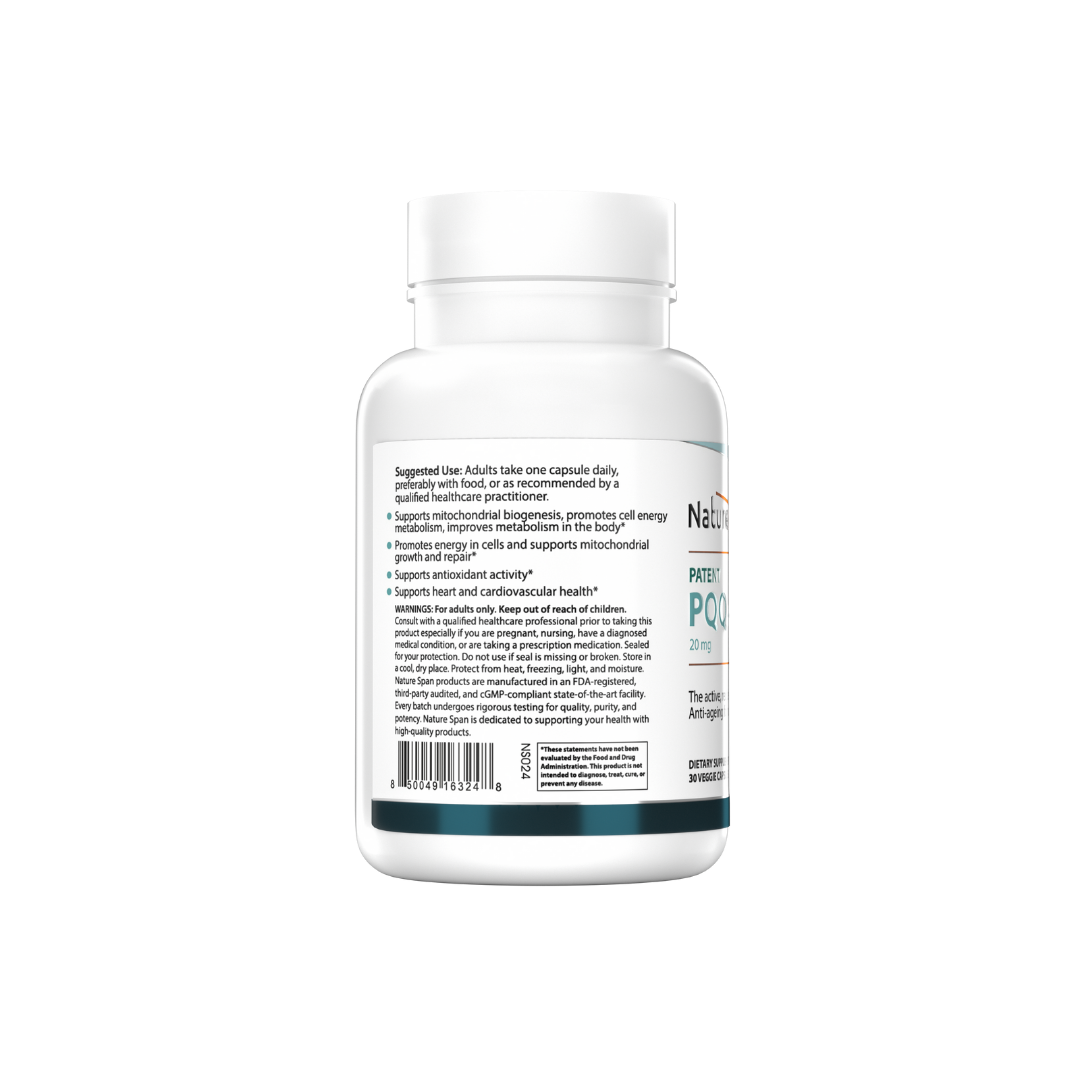 The backside of a bottle of NatureSpan® Patent PQQ 20 mg with Super CoQ10 Ubiquinol 200 mg supplement, labeled as supporting cellular energy, mitochondria health, and antioxidant protection.
